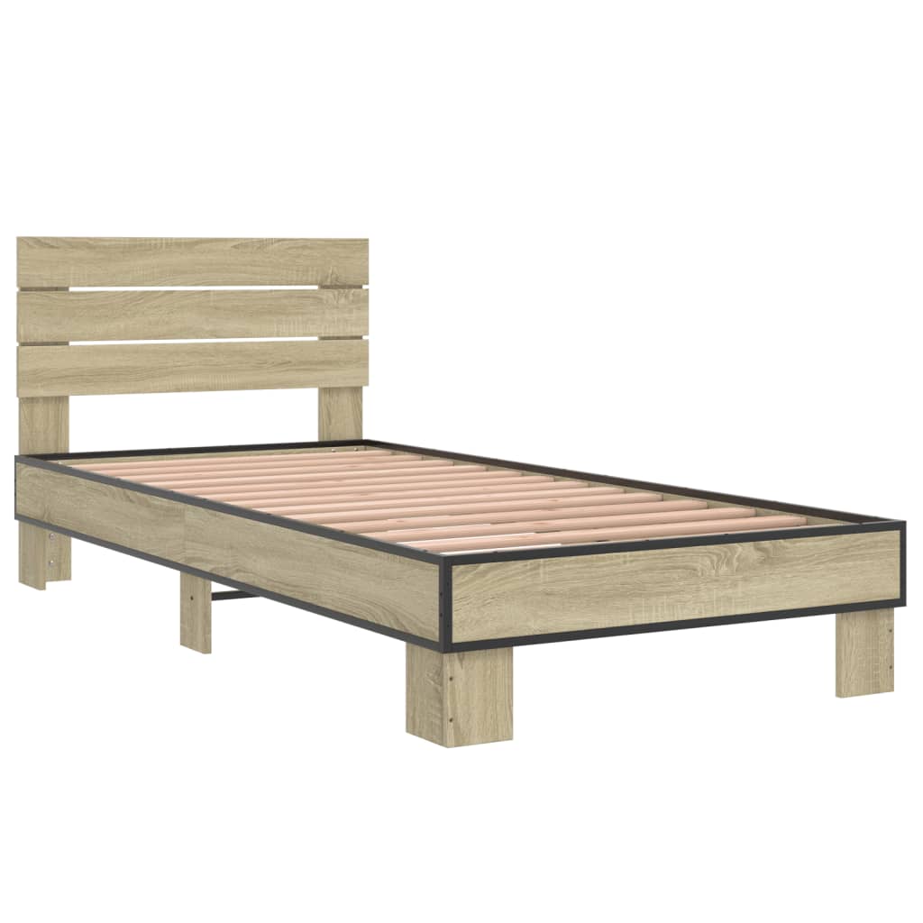 vidaXL Bedframe bewerkt hout en metaal sonoma eikenkleurig 90x200 cm afbeelding