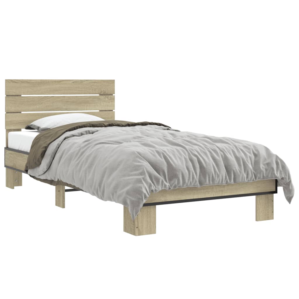 vidaXL Cadru de pat, stejar sonoma, 90x200 cm, lemn prelucrat și metal