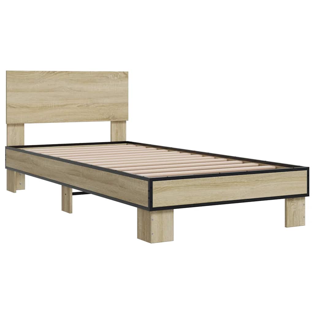 vidaXL Bedframe bewerkt hout en metaal sonoma eikenkleurig 100x200 cm afbeelding