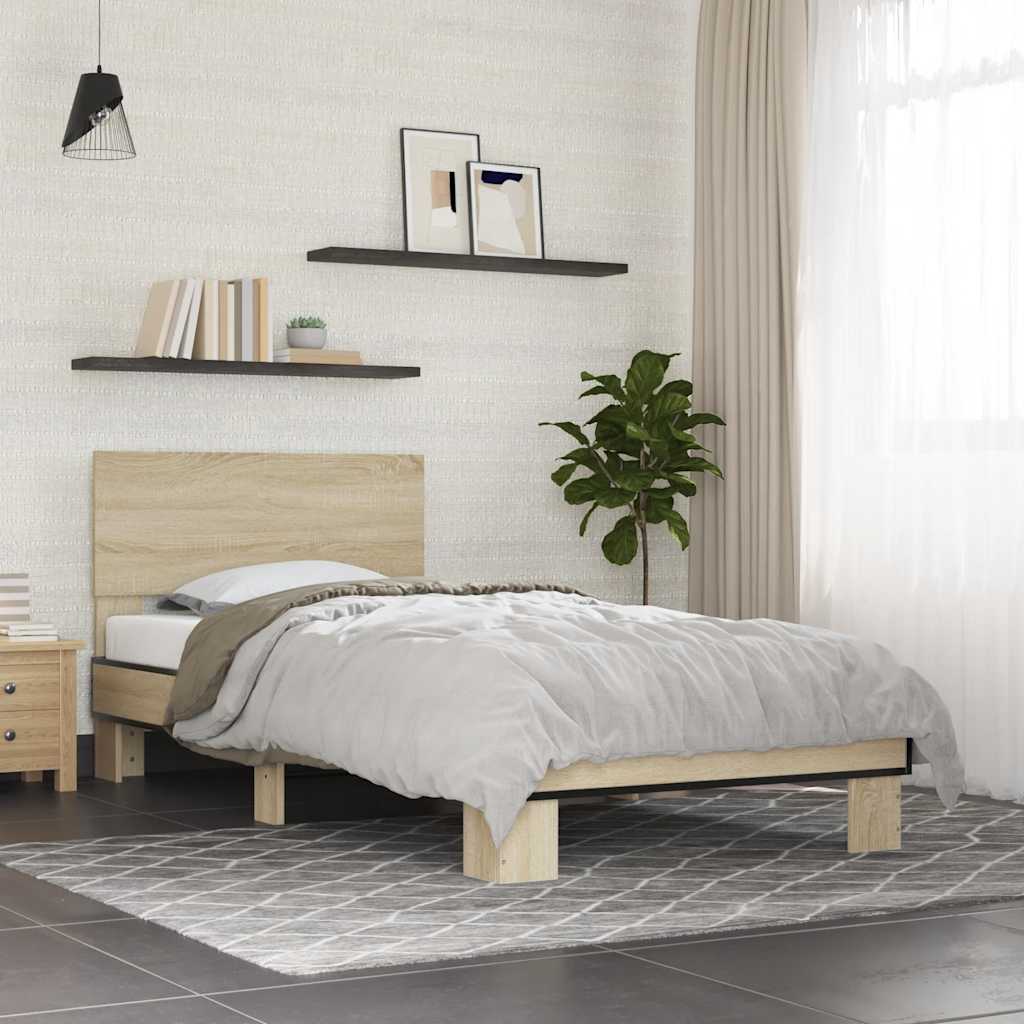 vidaXL Cadru de pat, stejar sonoma, 100x200cm, lemn prelucrat și metal