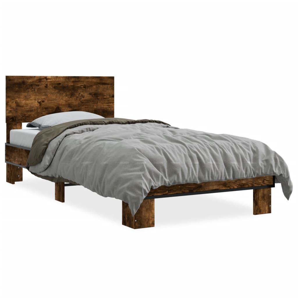 vidaXL Cadru de pat, stejar fumuriu, 90x200cm, lemn prelucrat și metal