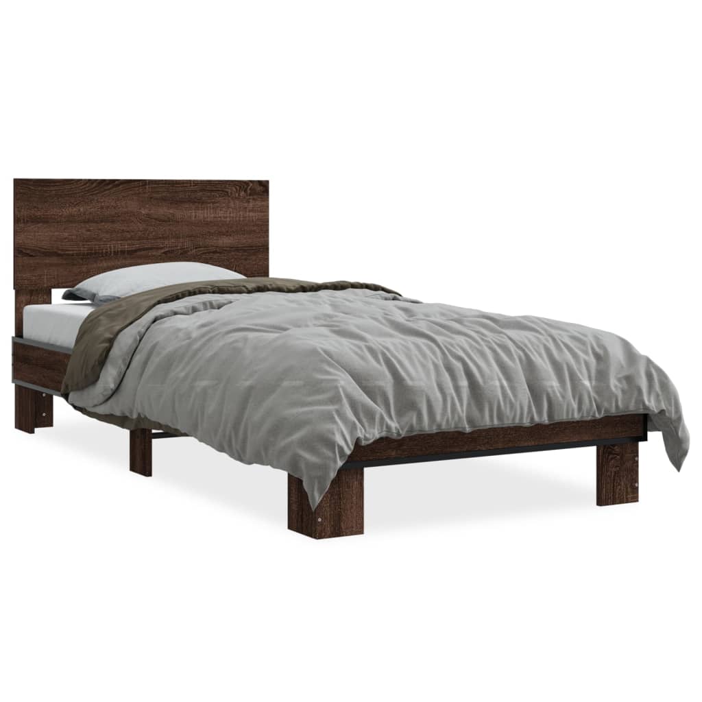 vidaXL Cadru de pat, stejar maro, 90x200 cm, lemn prelucrat și metal