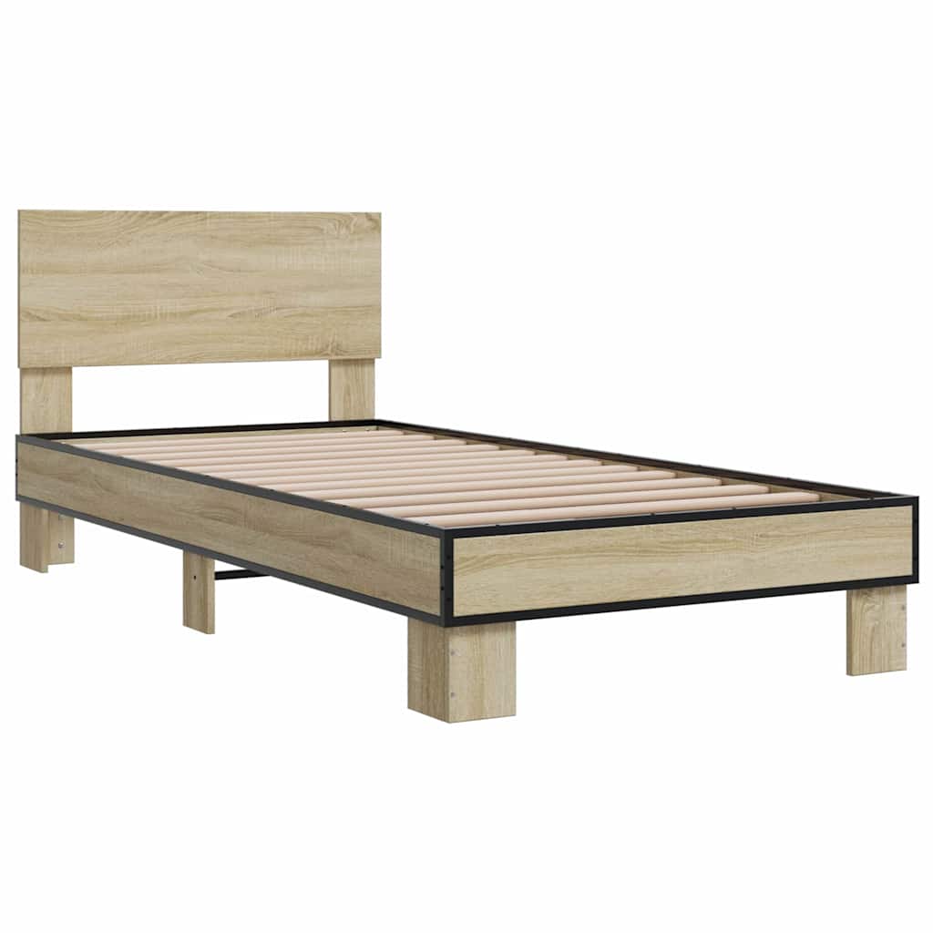vidaXL Bedframe bewerkt hout en metaal sonoma eikenkleurig 75x190 cm afbeelding