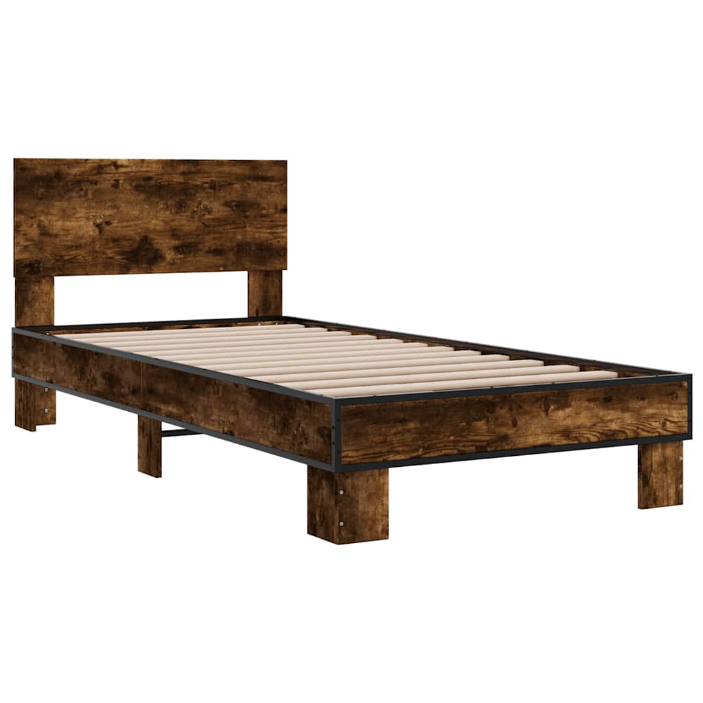 vidaXL Bedframe bewerkt hout en metaal gerookt eikenkleurig 75x190 cm afbeelding