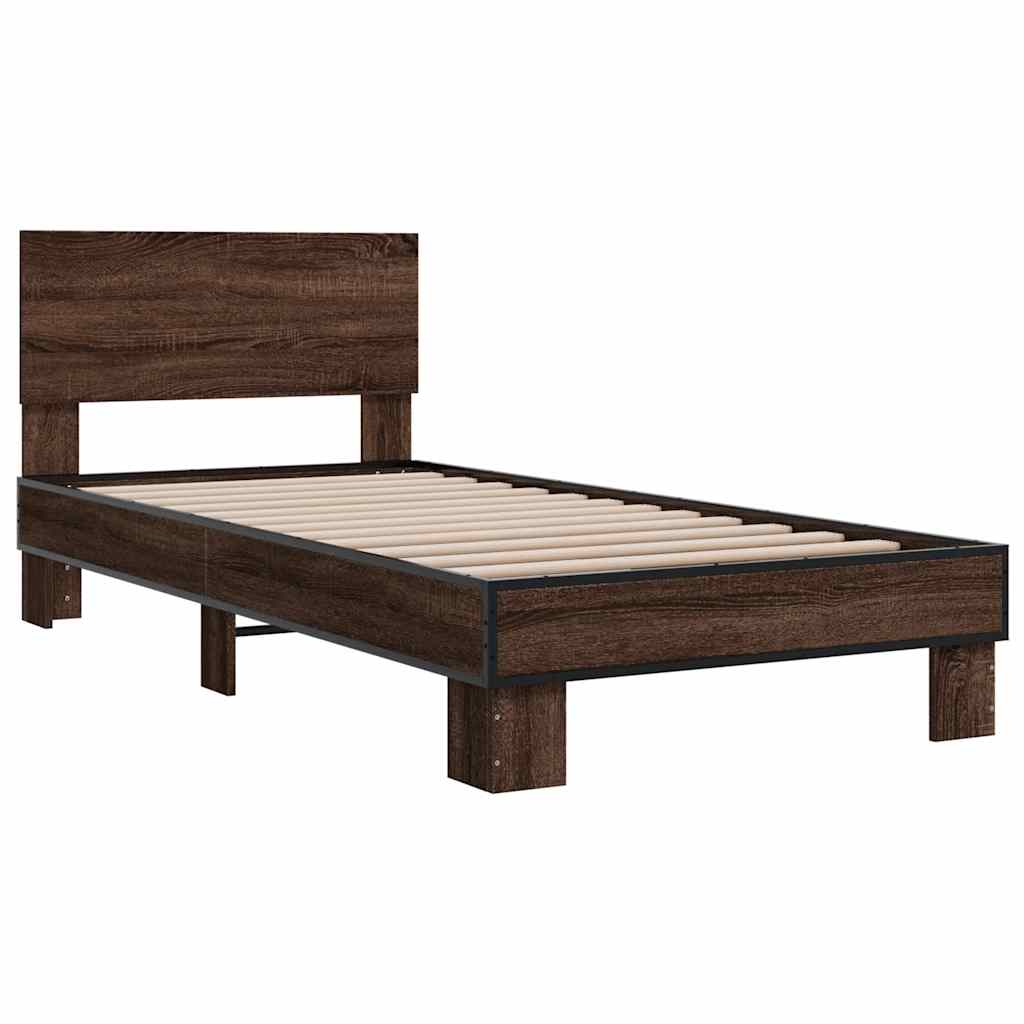 vidaXL Bedframe bewerkt hout en metaal bruin eikenkleurig 90x190 cm afbeelding