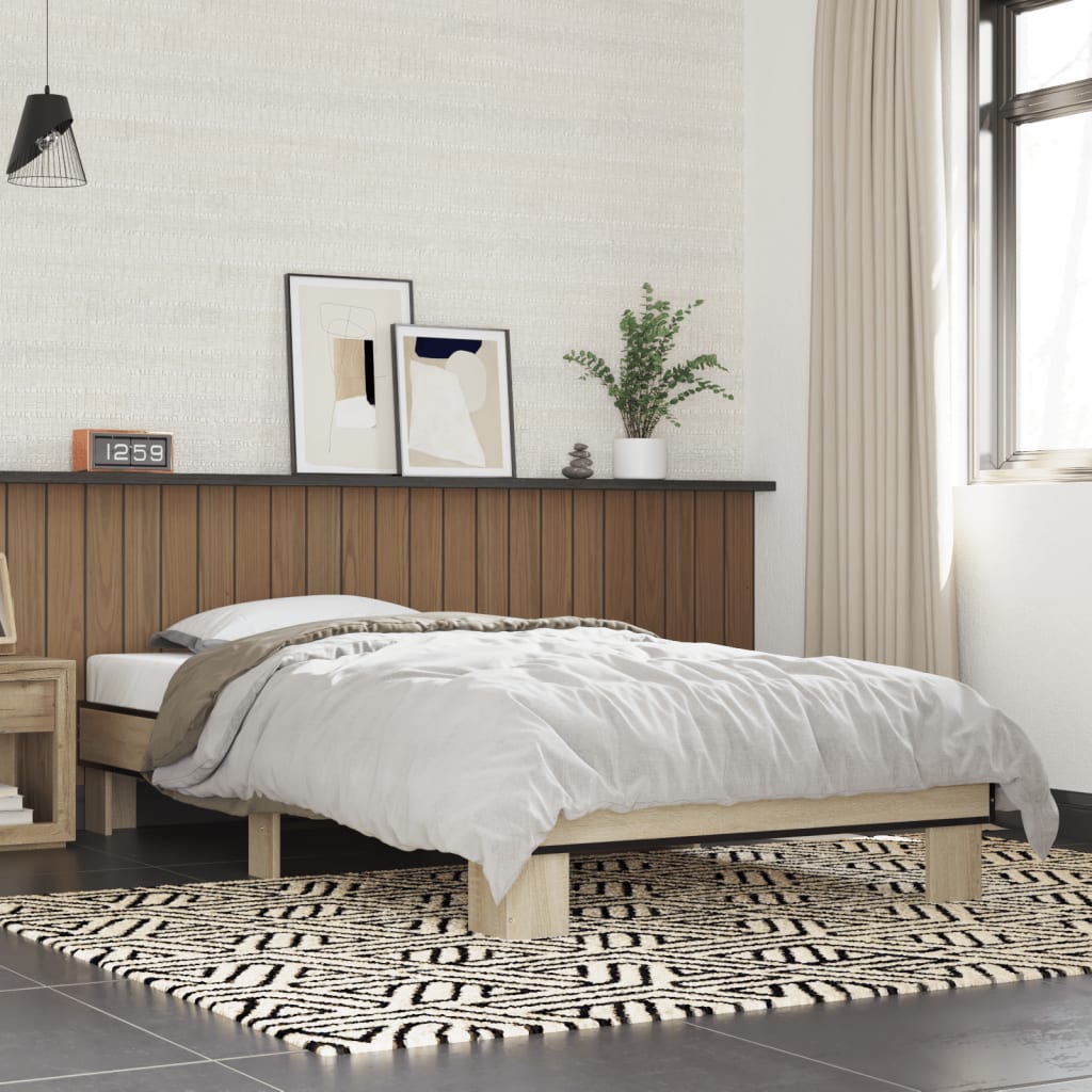 vidaXL Cadru de pat, stejar sonoma, 90x200 cm, lemn prelucrat și metal