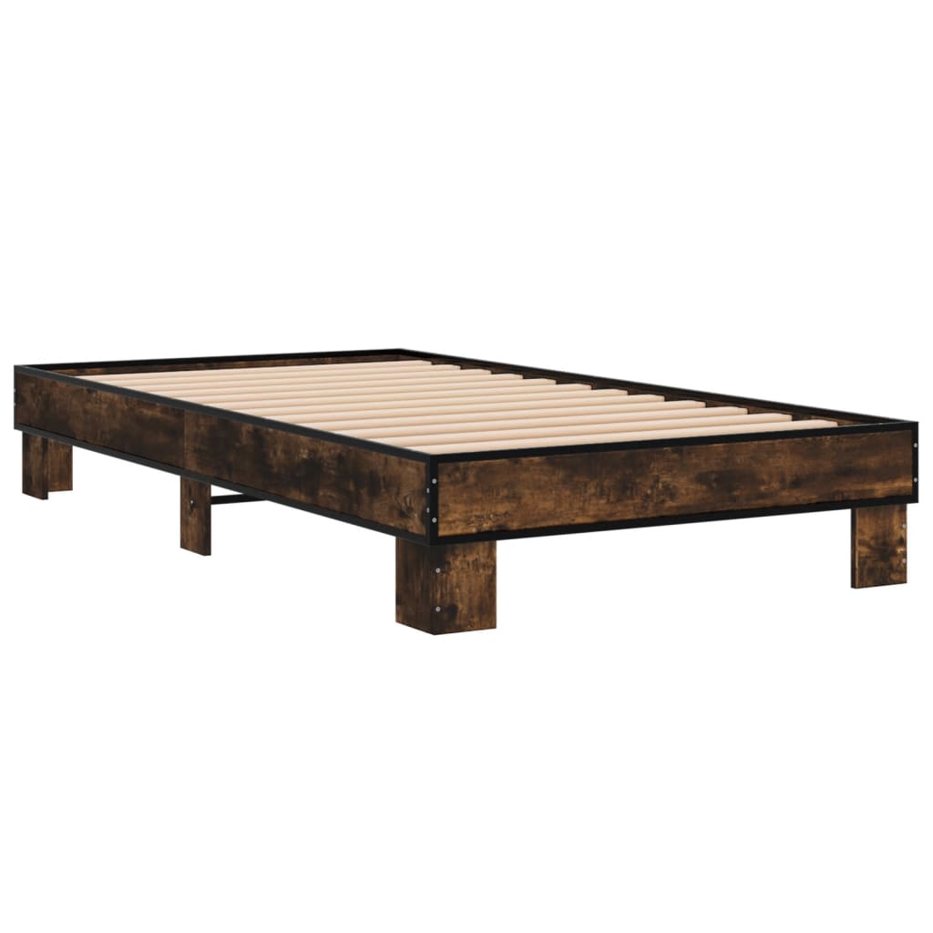 vidaXL Bedframe bewerkt hout en metaal gerookt eikenkleurig 90x200 cm afbeelding