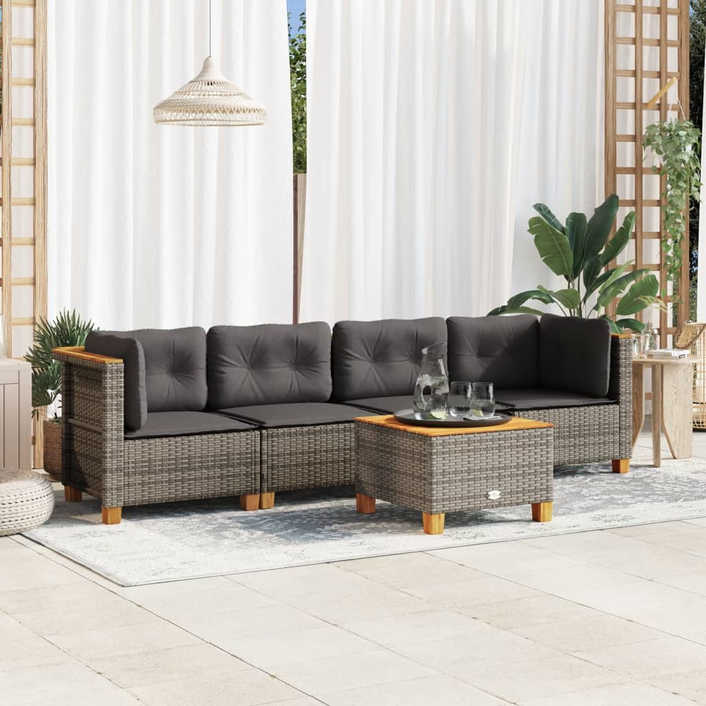 vidaXL 5-tlg. Garten-Sofagarnitur mit Kissen Grau Poly Rattan