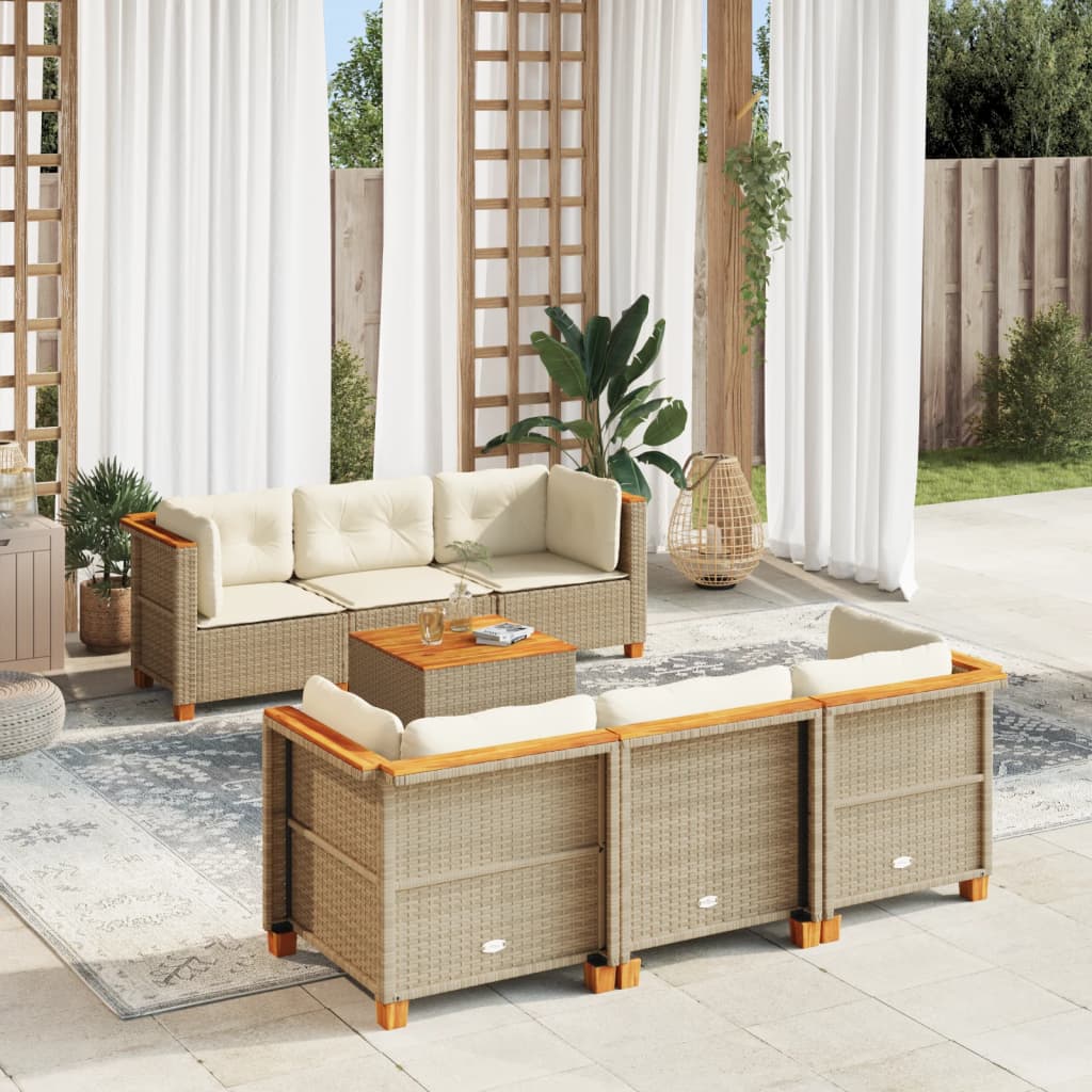 vidaXL 7-tlg. Garten-Sofagarnitur mit Kissen Beige Poly Rattan