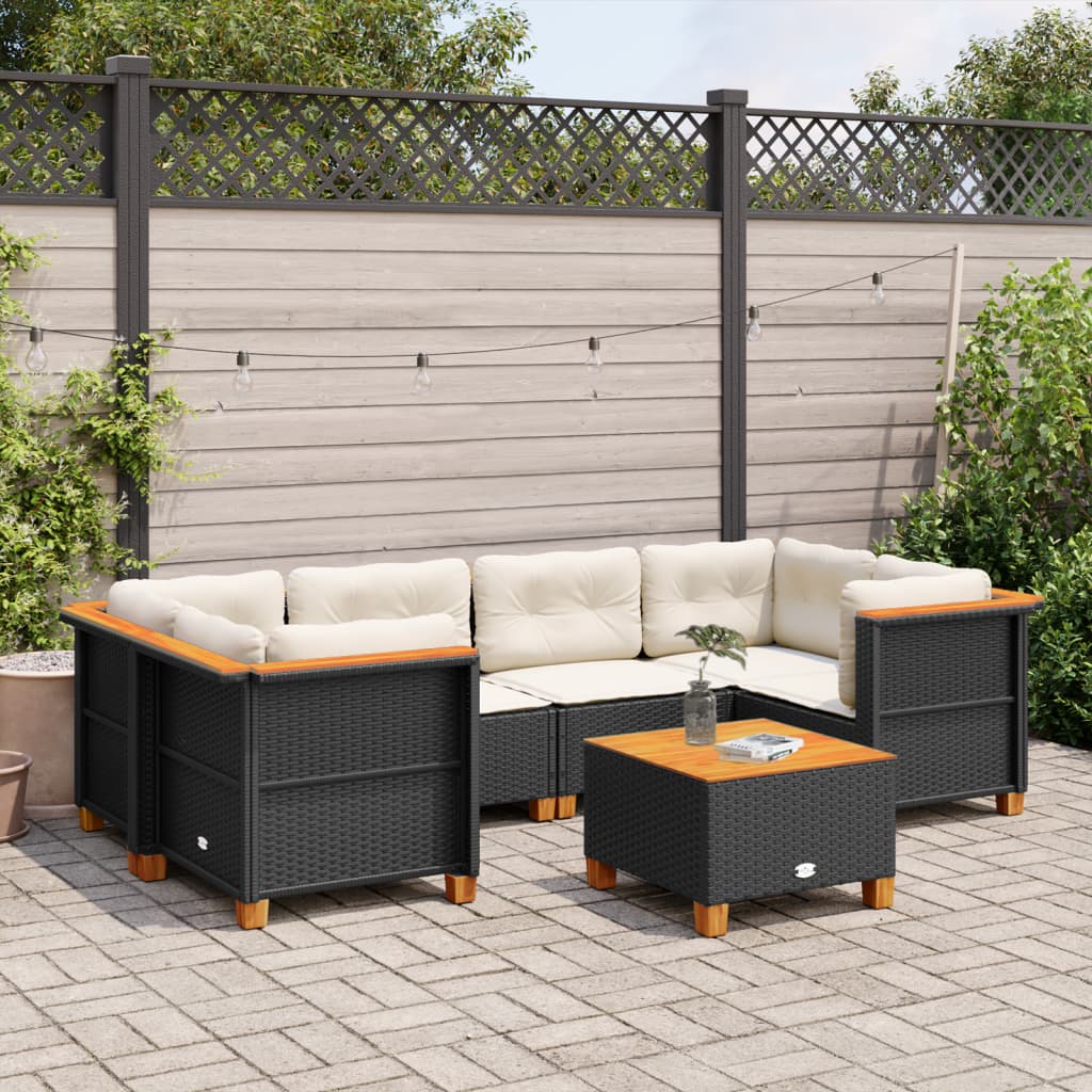 vidaXL 7-tlg. Garten-Sofagarnitur mit Kissen Schwarz Poly Rattan