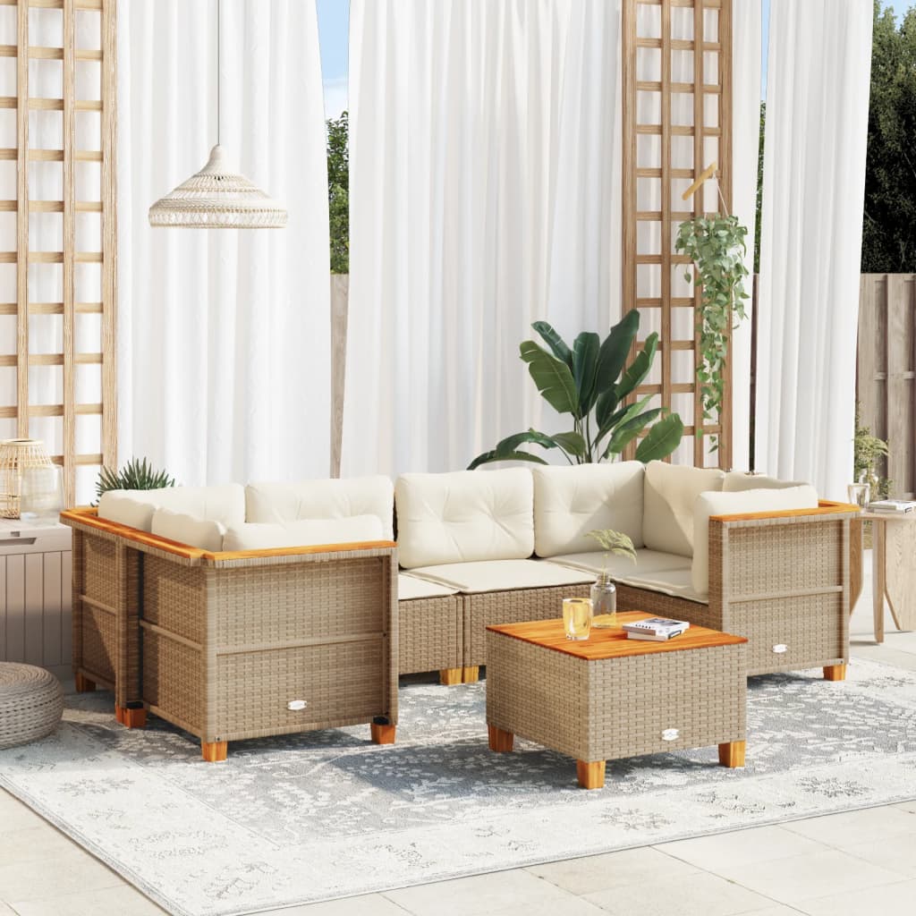 vidaXL 7-tlg. Garten-Sofagarnitur mit Kissen Beige Poly Rattan