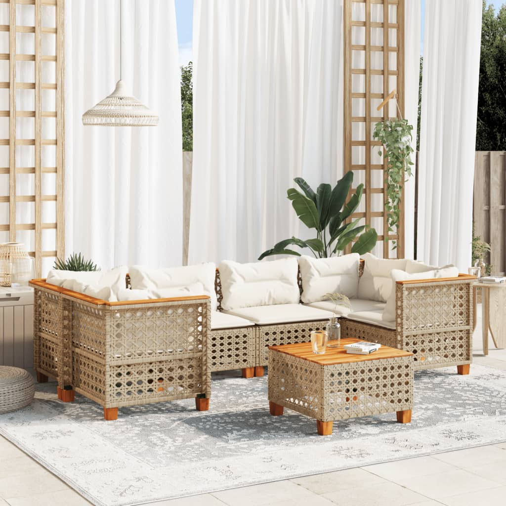 vidaXL 7-tlg. Garten-Sofagarnitur mit Kissen Beige Poly Rattan