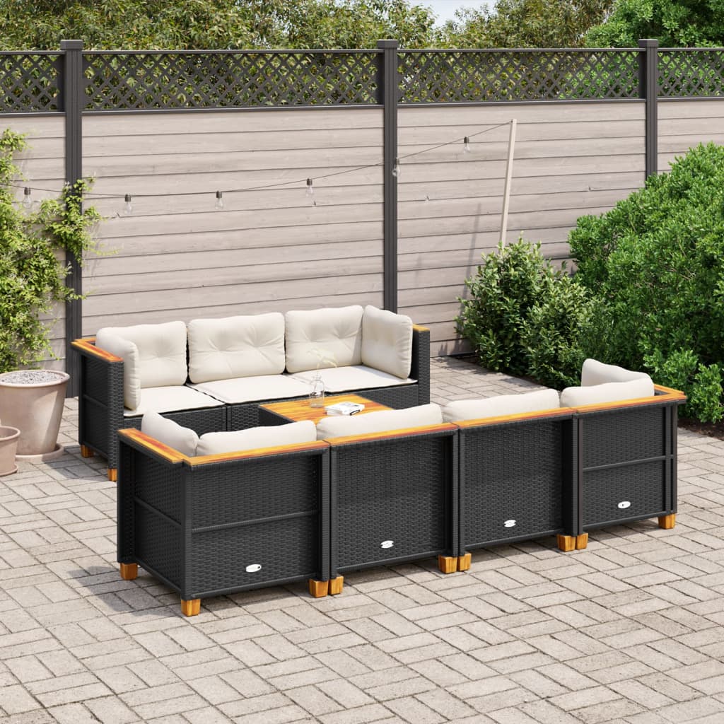 vidaXL 8-tlg. Garten-Sofagarnitur mit Kissen Schwarz Poly Rattan