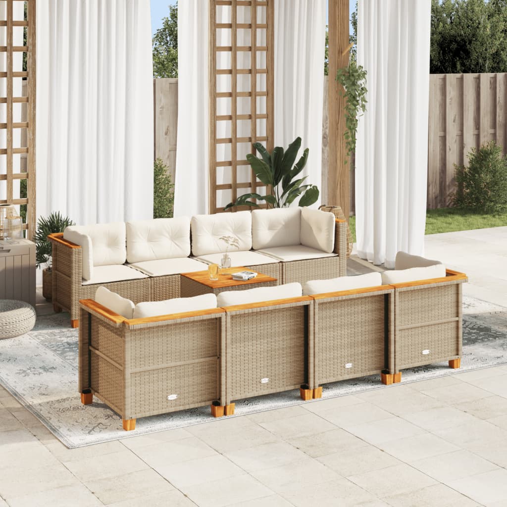 vidaXL 9-tlg. Garten-Sofagarnitur mit Kissen Beige Poly Rattan