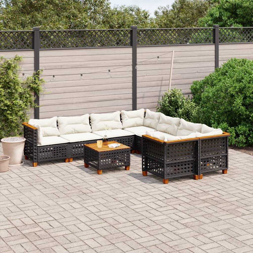 vidaXL 9-tlg. Garten-Sofagarnitur mit Kissen Schwarz Poly Rattan