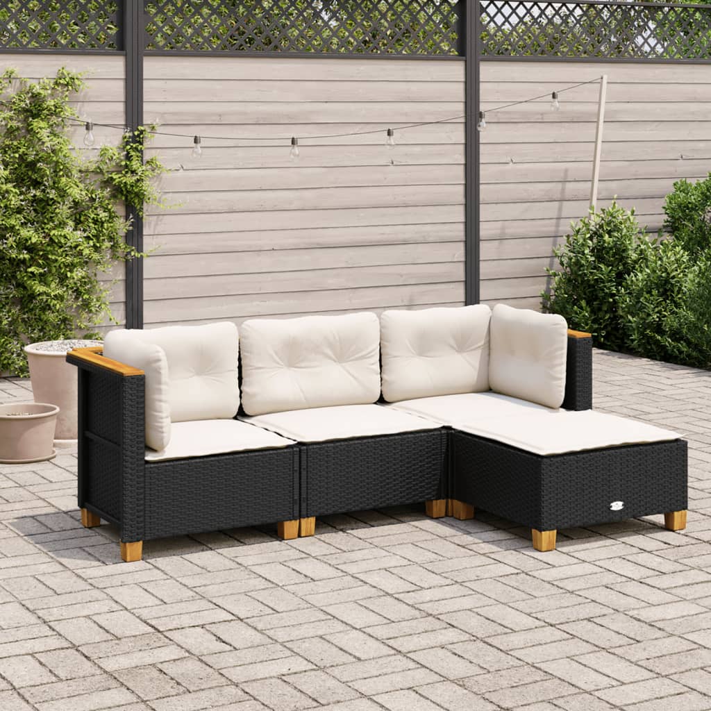 vidaXL 4-tlg. Garten-Sofagarnitur mit Kissen Schwarz Poly Rattan