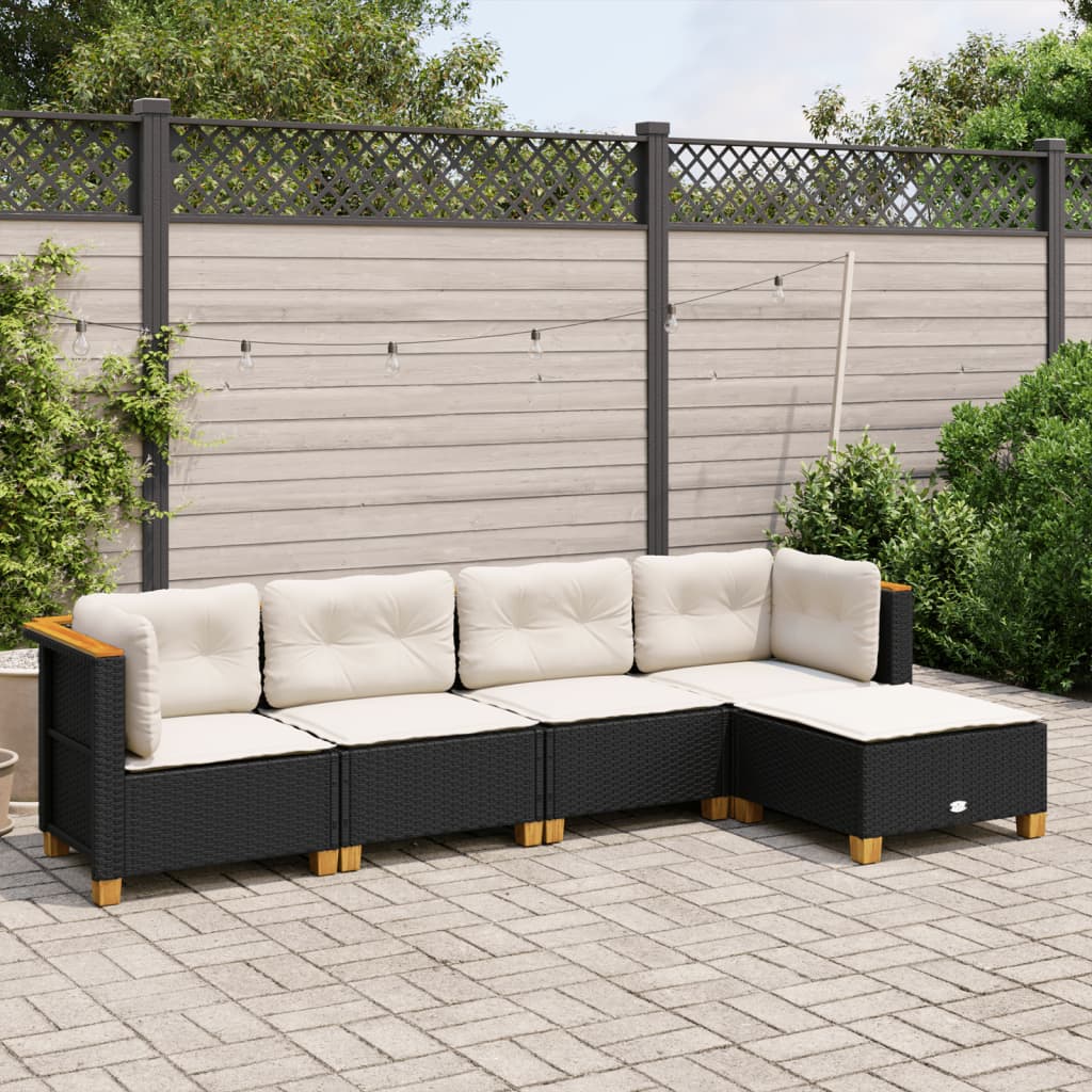 vidaXL 5-tlg. Garten-Sofagarnitur mit Kissen Schwarz Poly Rattan