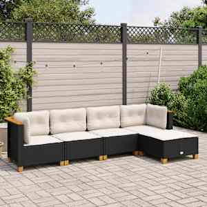 Vrtna sedežna garnitura 5-delna z blazinami črn poli ratan