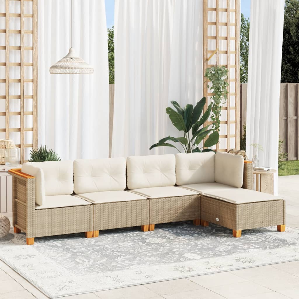 vidaXL 5-tlg. Garten-Sofagarnitur mit Kissen Beige Poly Rattan