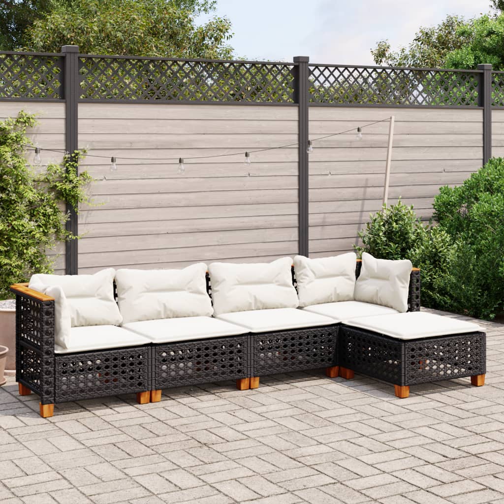 vidaXL 5-tlg. Garten-Sofagarnitur mit Kissen Schwarz Poly Rattan