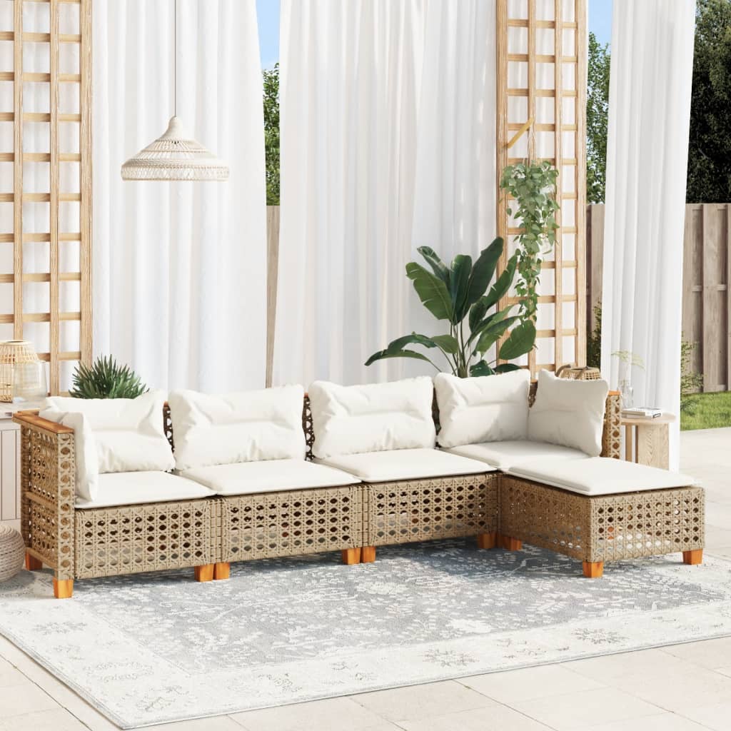 vidaXL 5-tlg. Garten-Sofagarnitur mit Kissen Beige Poly Rattan