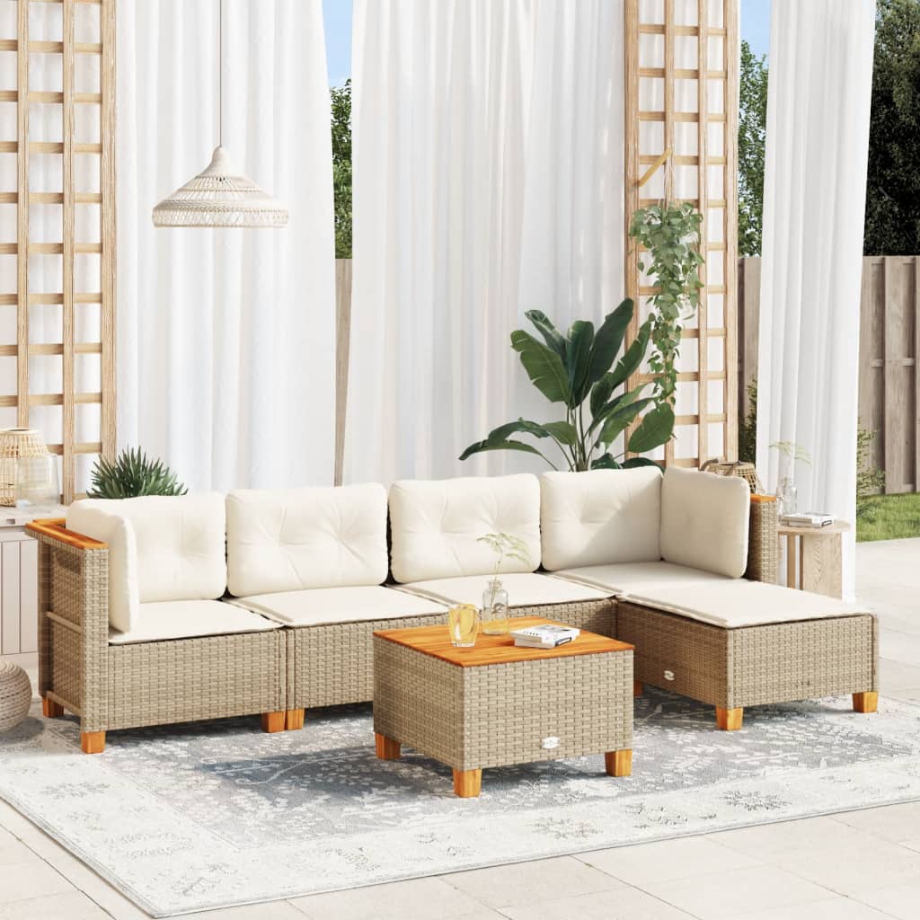 vidaXL 6-tlg. Garten-Sofagarnitur mit Kissen Beige Poly Rattan