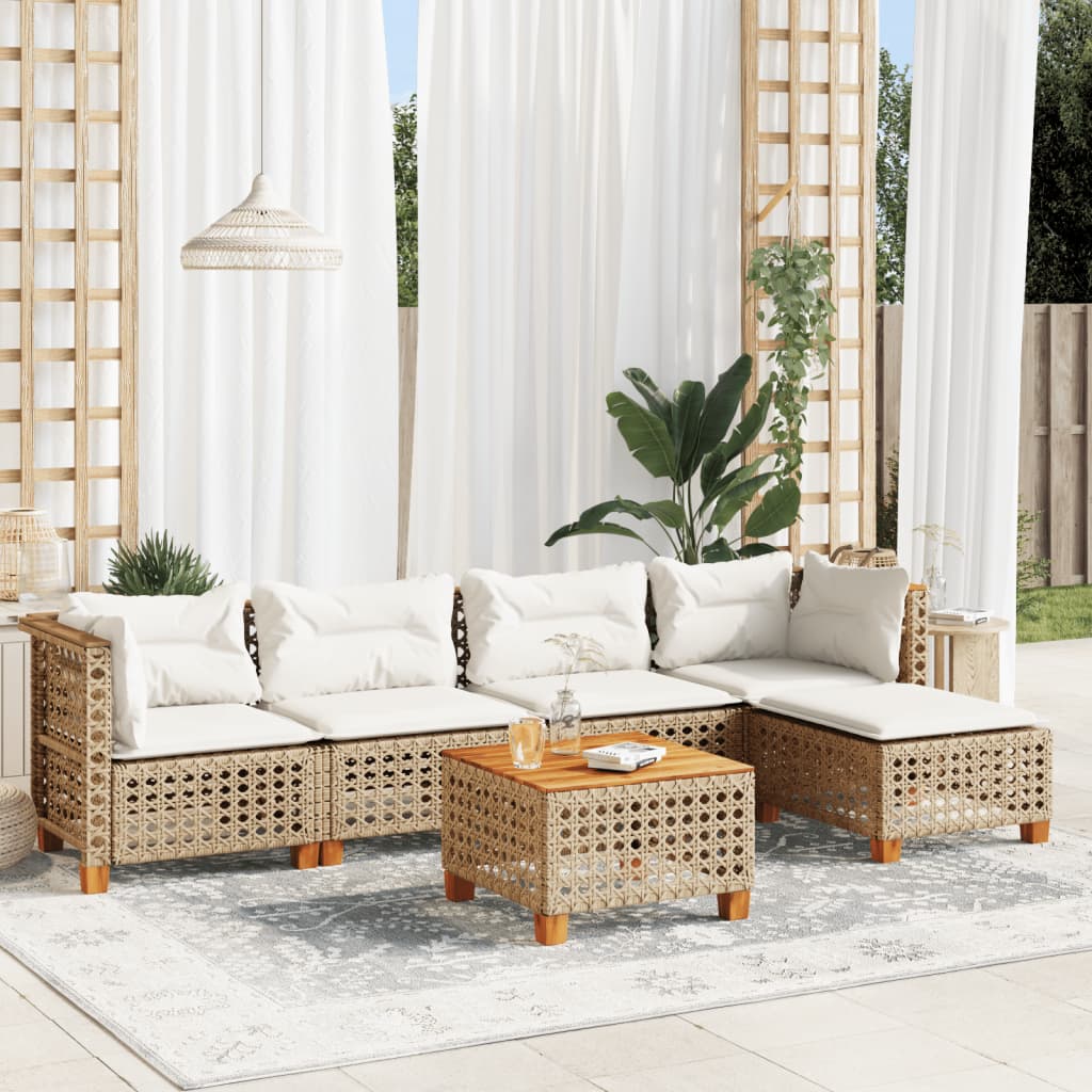 vidaXL 6-tlg. Garten-Sofagarnitur mit Kissen Beige Poly Rattan