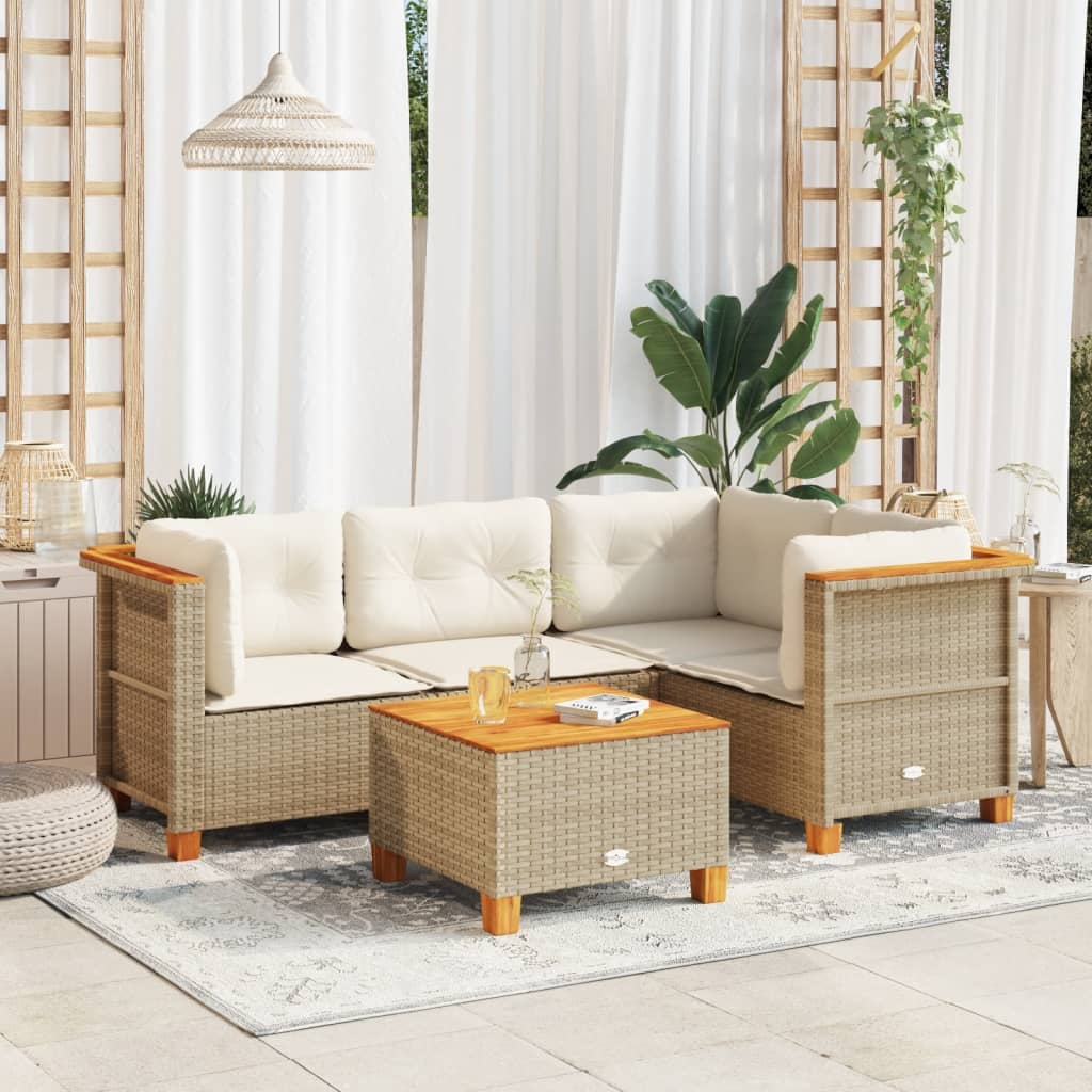 vidaXL 5-tlg. Garten-Sofagarnitur mit Kissen Beige Poly Rattan