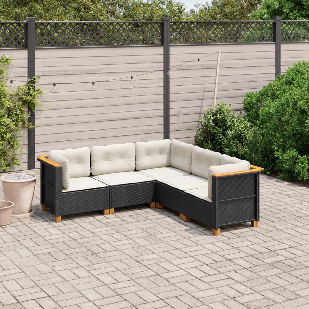 vidaXL 5-tlg. Garten-Sofagarnitur mit Kissen Schwarz Poly Rattan