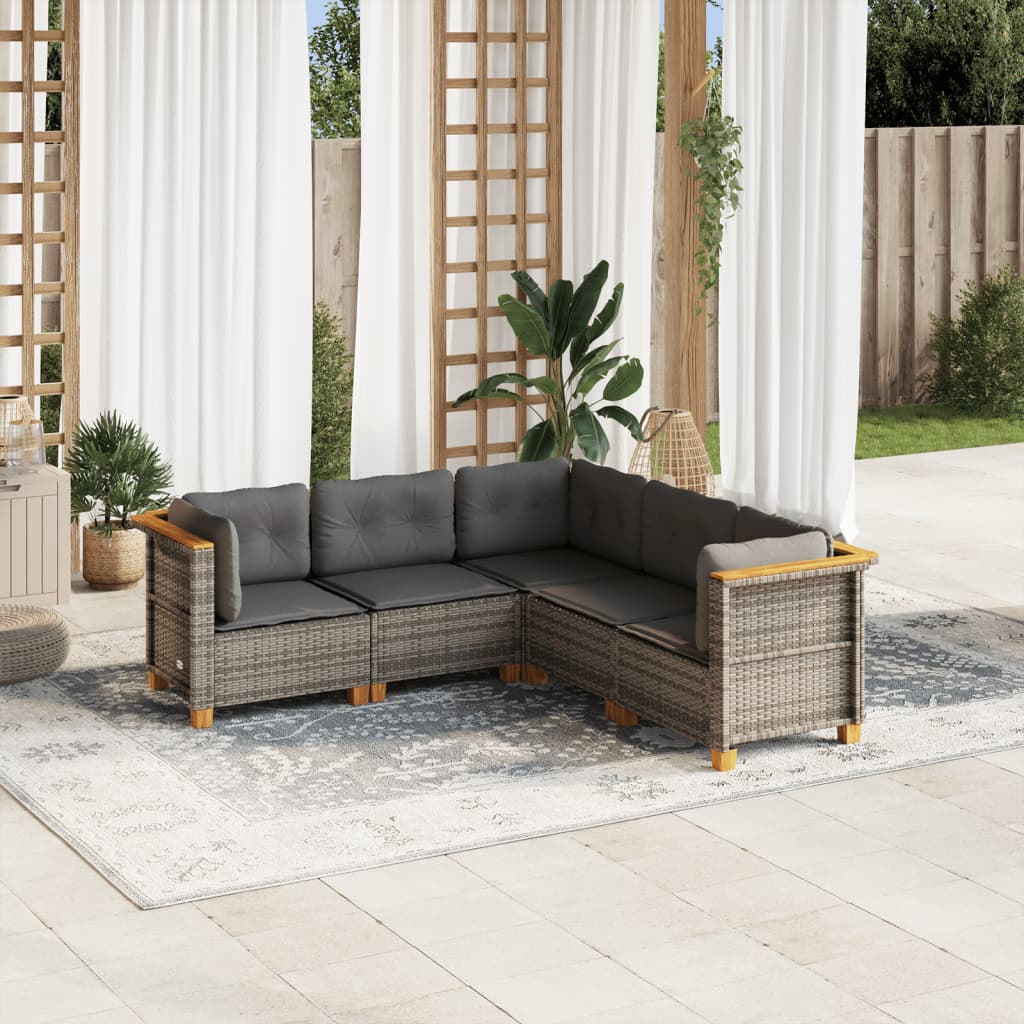 vidaXL 5-tlg. Garten-Sofagarnitur mit Kissen Grau Poly Rattan