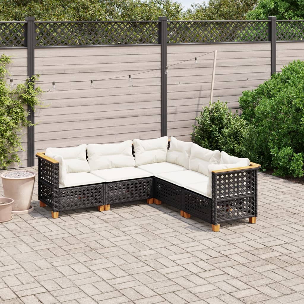 vidaXL 5-tlg. Garten-Sofagarnitur mit Kissen Schwarz Poly Rattan