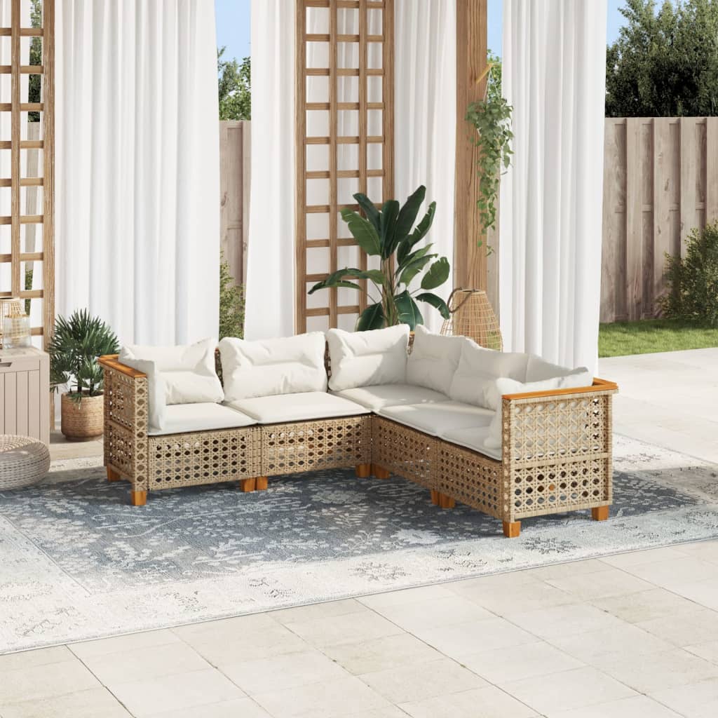 vidaXL 5-tlg. Garten-Sofagarnitur mit Kissen Beige Poly Rattan