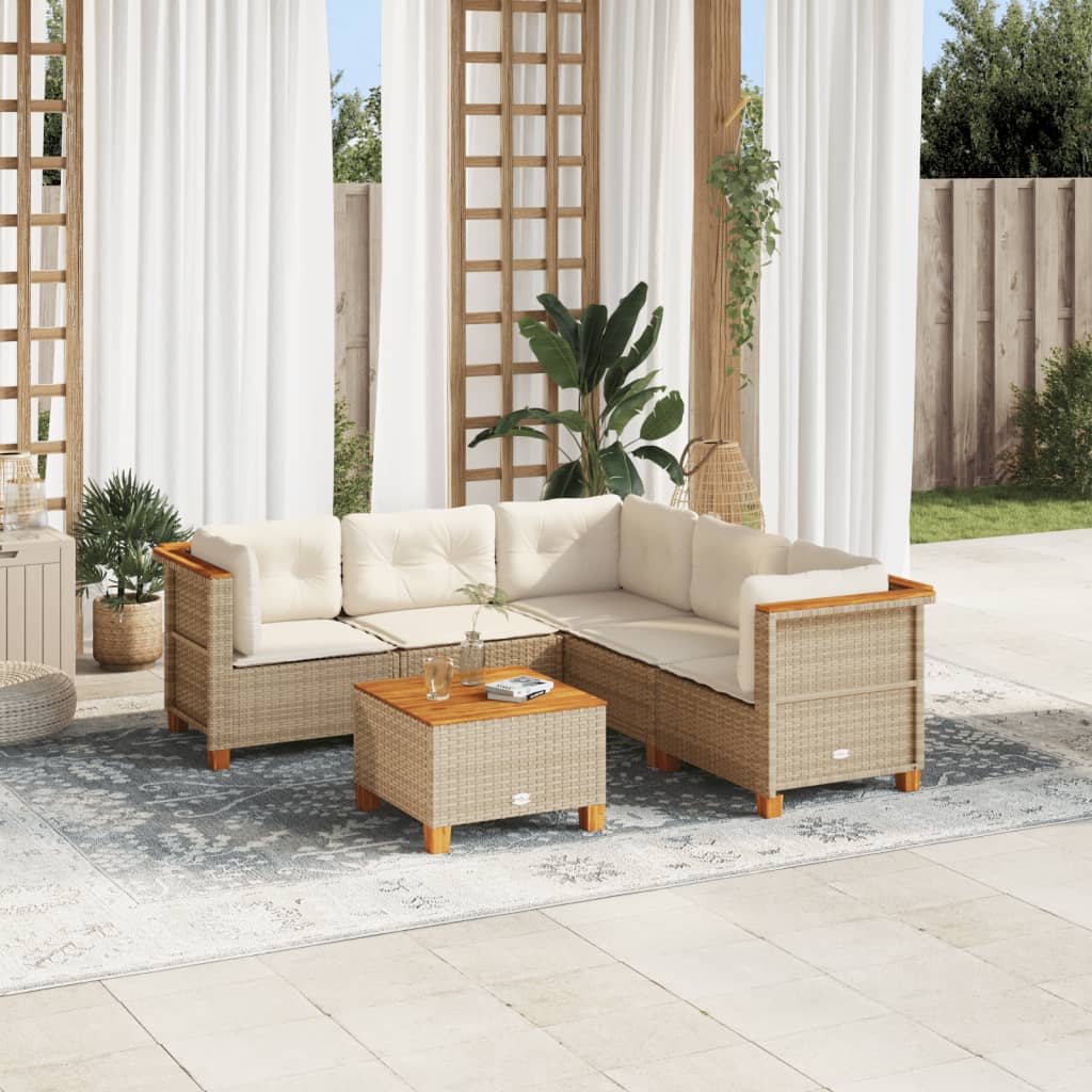 vidaXL 6-tlg. Garten-Sofagarnitur mit Kissen Beige Poly Rattan