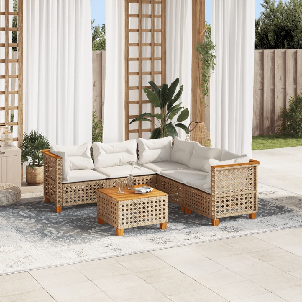 vidaXL 6-tlg. Garten-Sofagarnitur mit Kissen Beige Poly Rattan