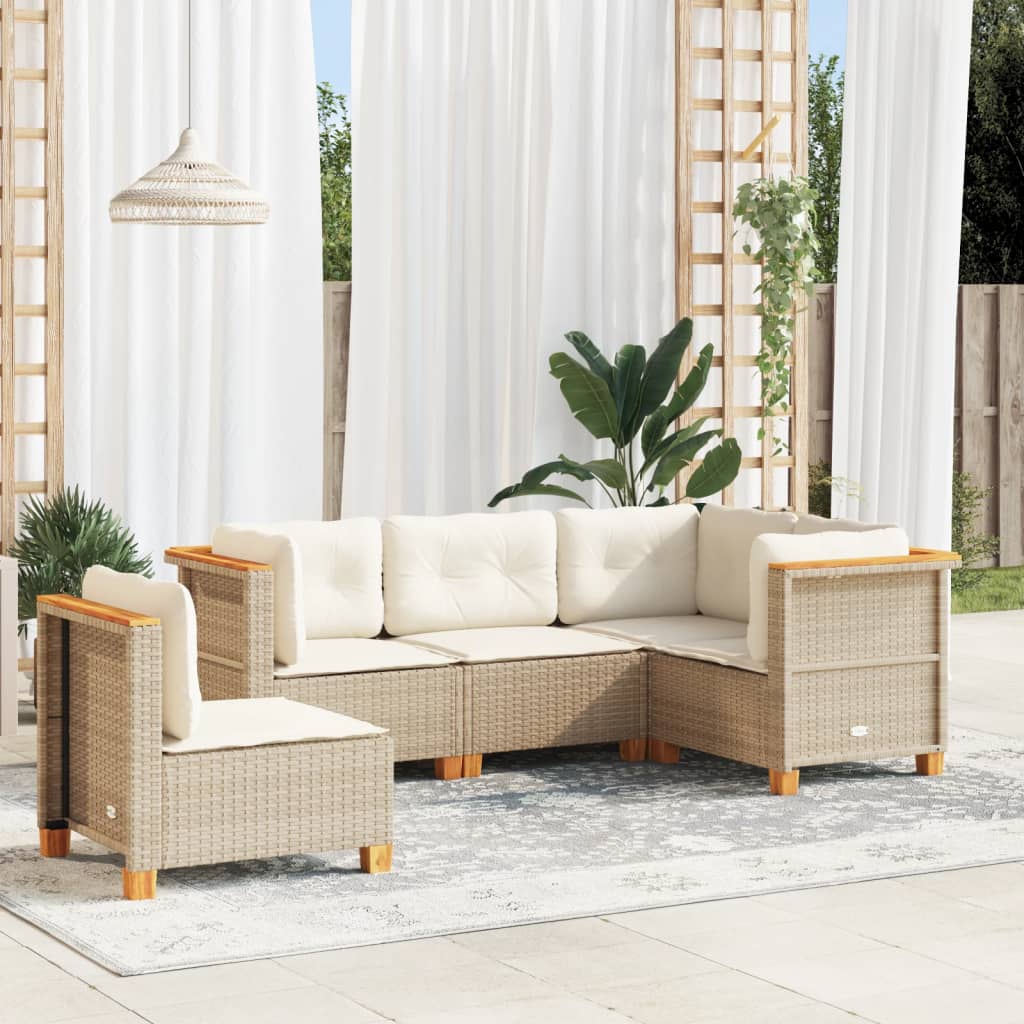 vidaXL 5-tlg. Garten-Sofagarnitur mit Kissen Beige Poly Rattan