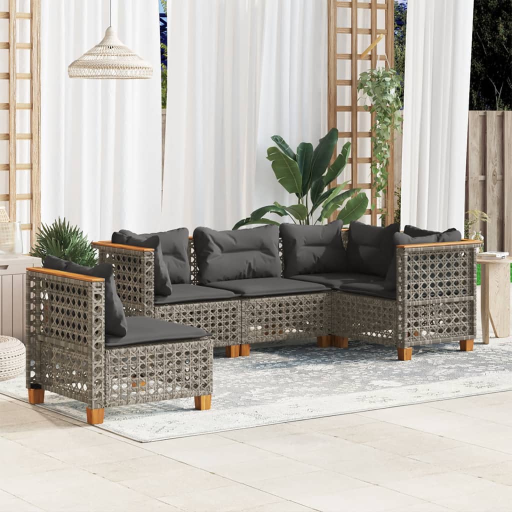 vidaXL 5-tlg. Garten-Sofagarnitur mit Kissen Grau Poly Rattan