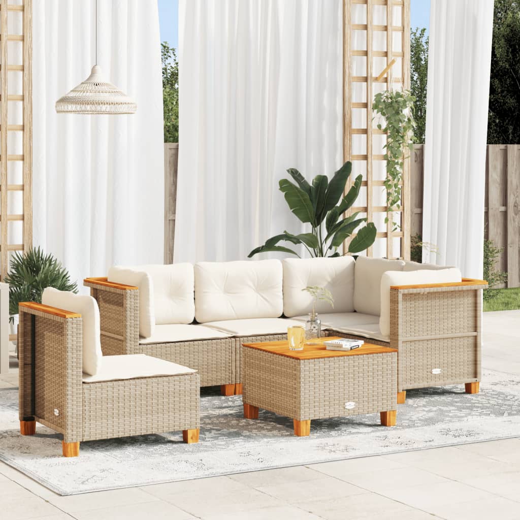 vidaXL 6-tlg. Garten-Sofagarnitur mit Kissen Beige Poly Rattan