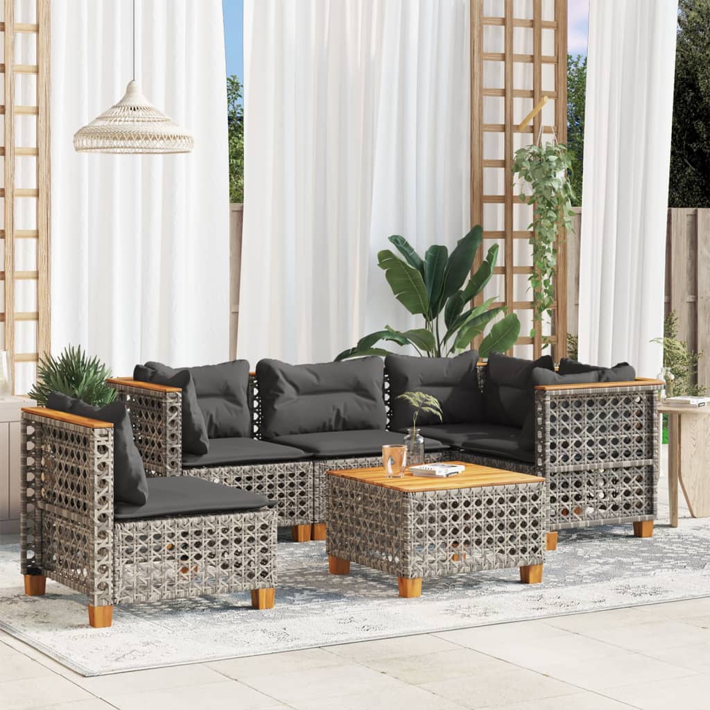 vidaXL 6-tlg. Garten-Sofagarnitur mit Kissen Grau Poly Rattan