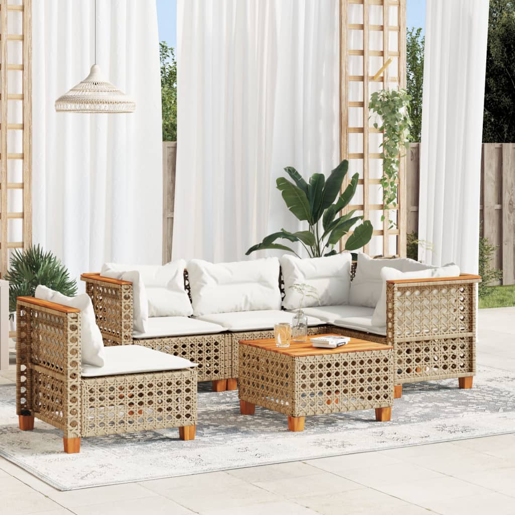 vidaXL 6-tlg. Garten-Sofagarnitur mit Kissen Beige Poly Rattan