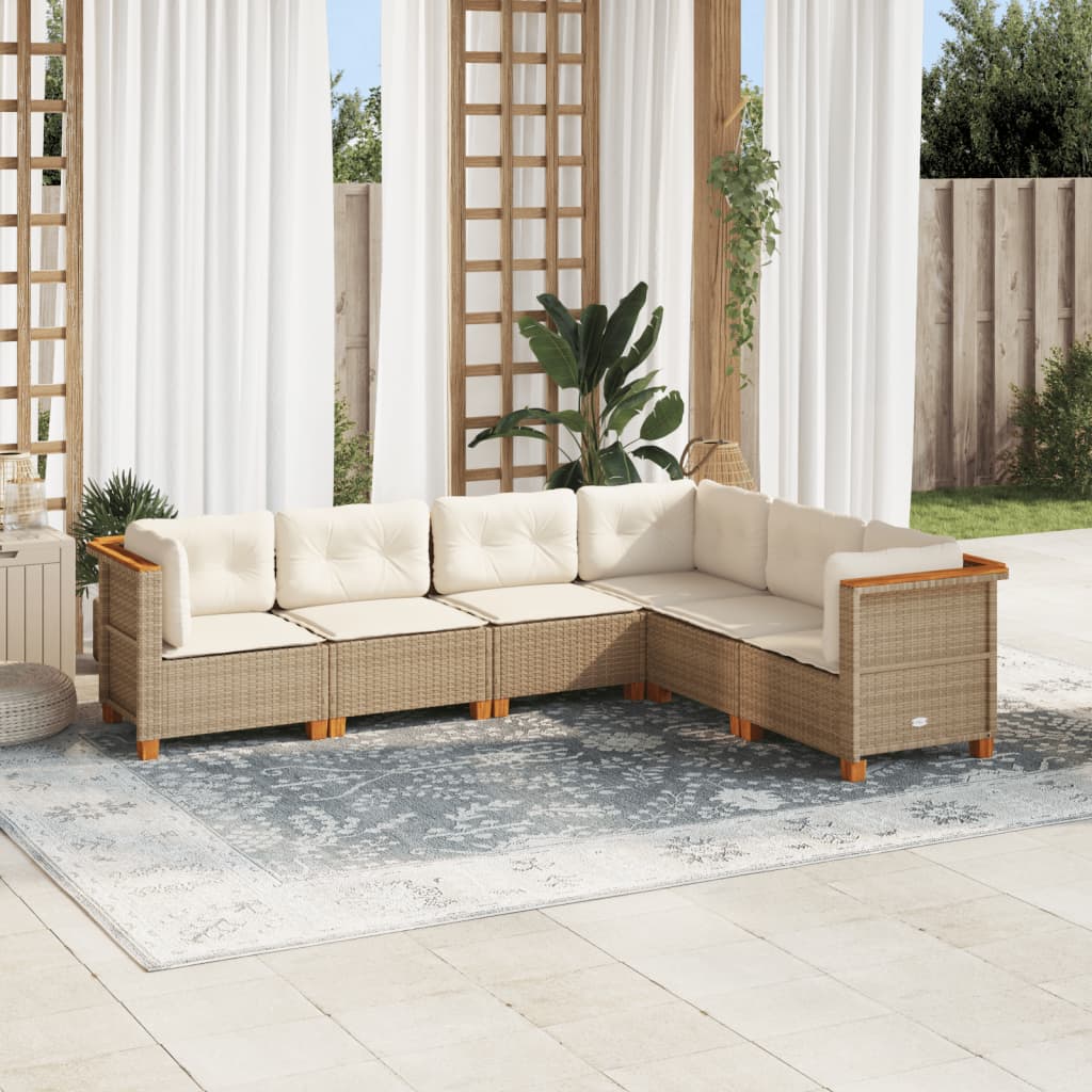 vidaXL 6-tlg. Garten-Sofagarnitur mit Kissen Beige Poly Rattan