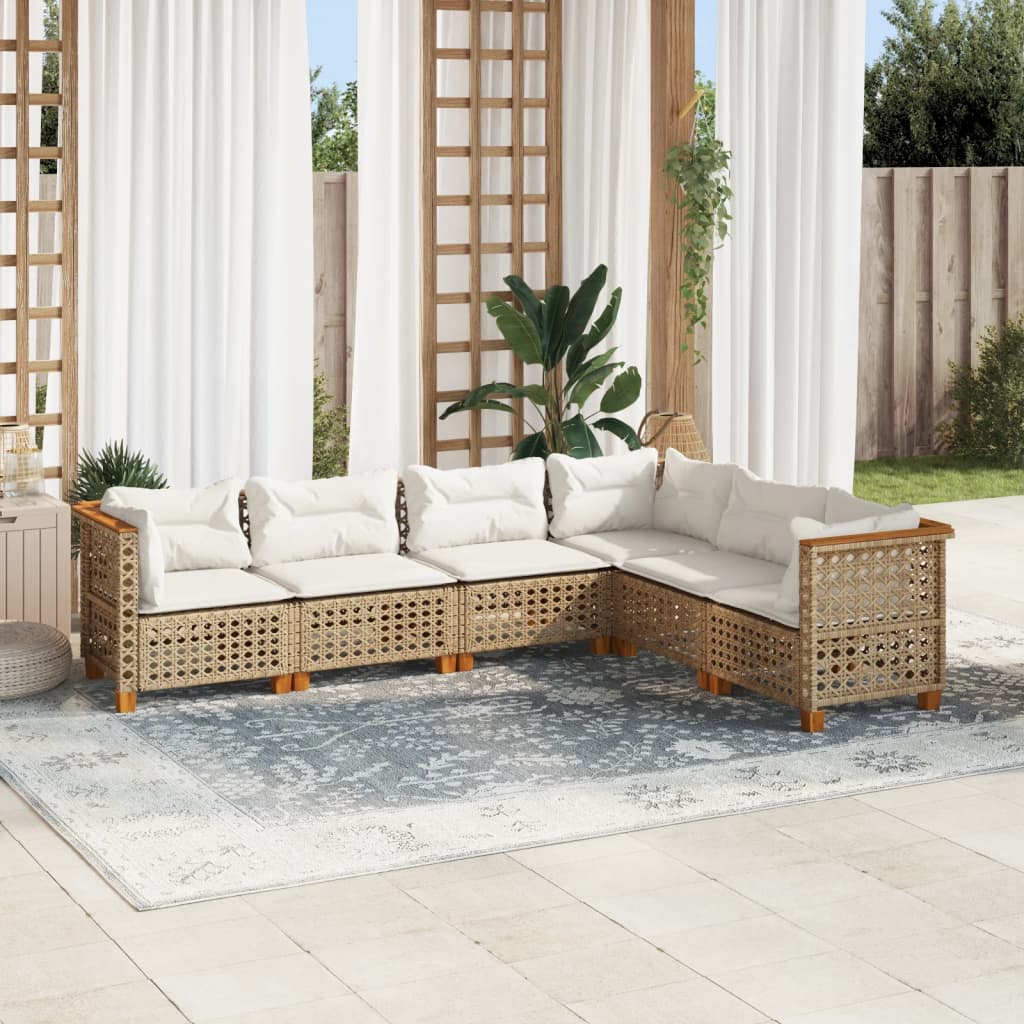 vidaXL 6-tlg. Garten-Sofagarnitur mit Kissen Beige Poly Rattan