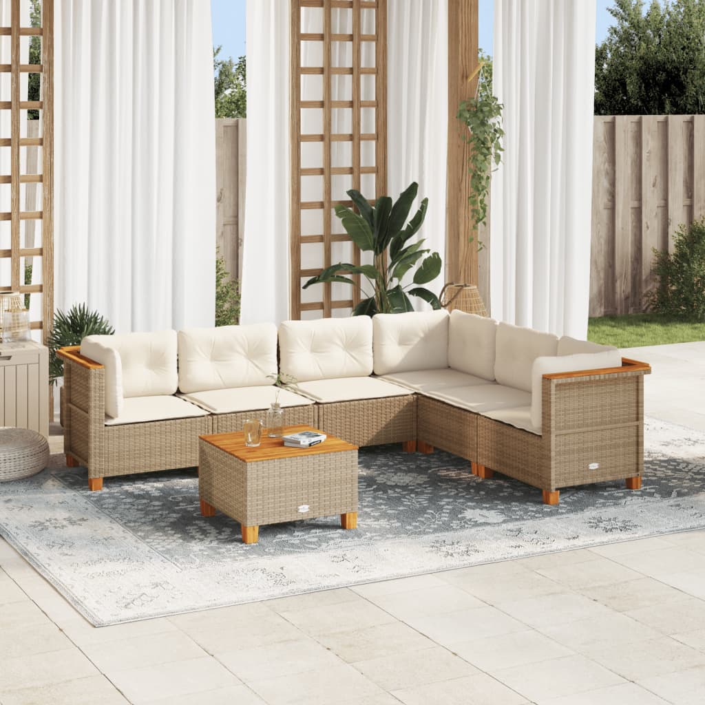 vidaXL 7-tlg. Garten-Sofagarnitur mit Kissen Beige Poly Rattan