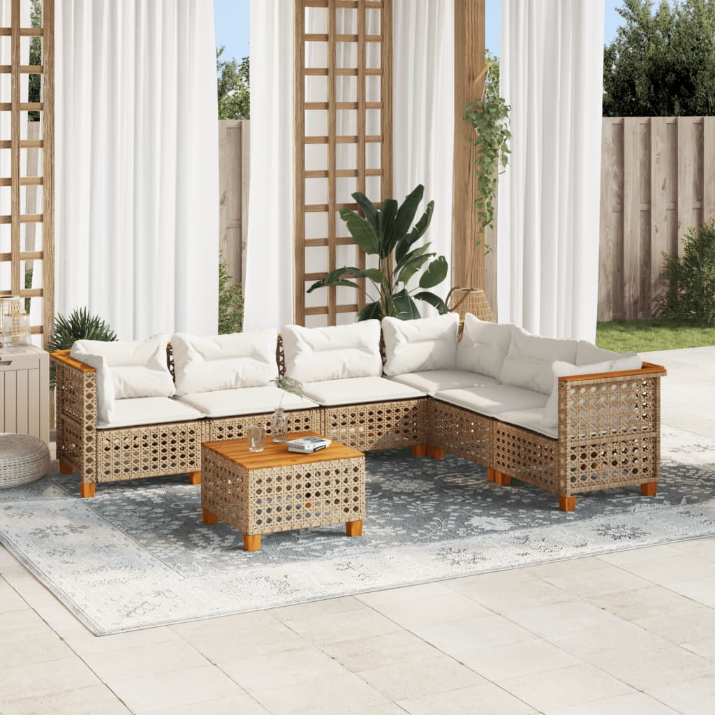 vidaXL 7-tlg. Garten-Sofagarnitur mit Kissen Beige Poly Rattan