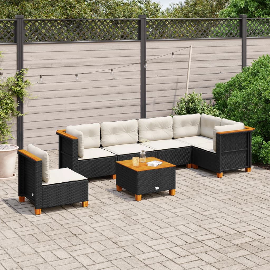 vidaXL 7-tlg. Garten-Sofagarnitur mit Kissen Schwarz Poly Rattan