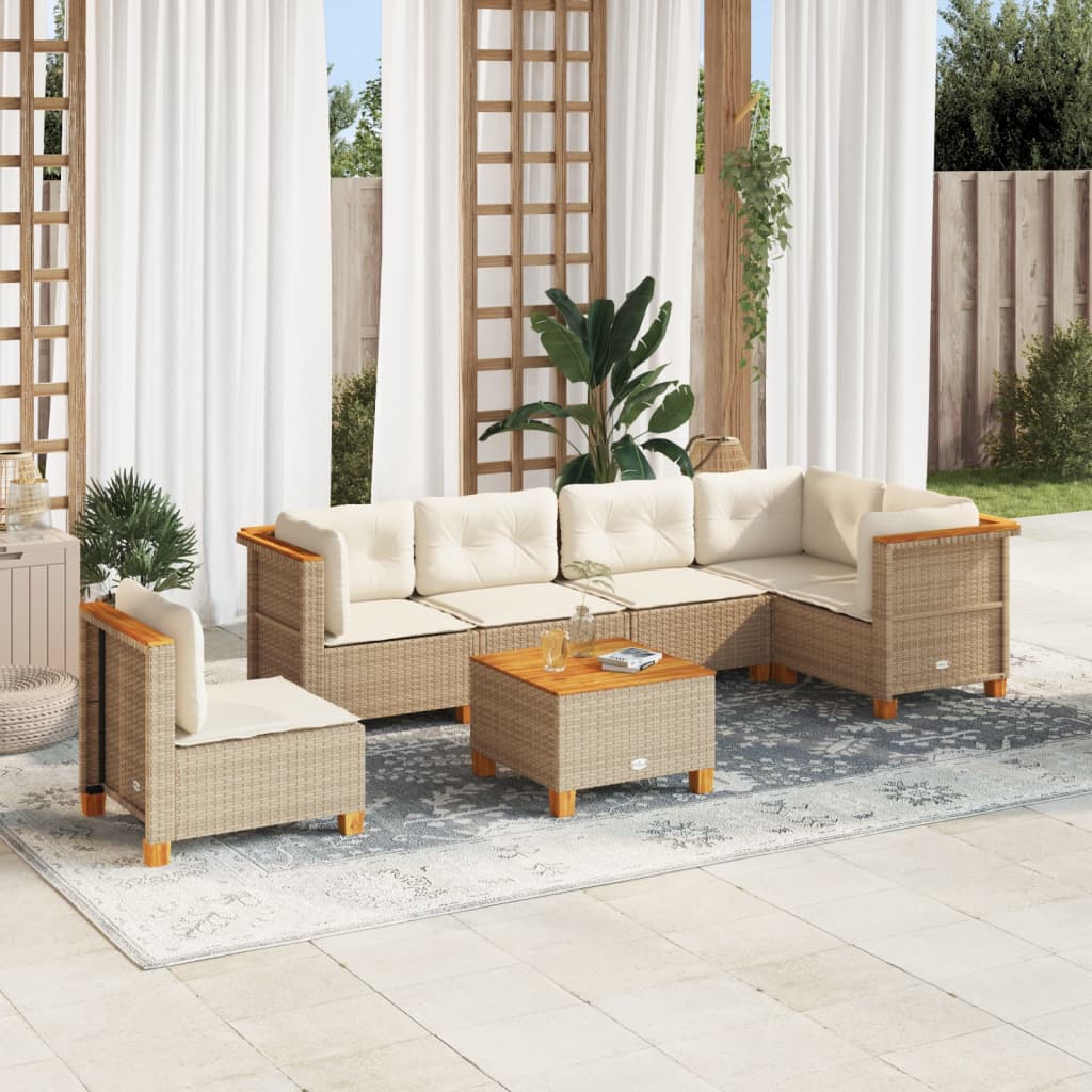 vidaXL 7-tlg. Garten-Sofagarnitur mit Kissen Beige Poly Rattan