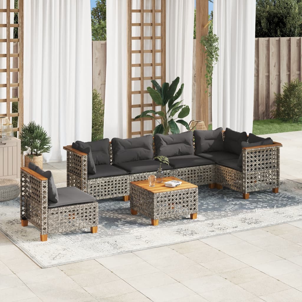 vidaXL 7-tlg. Garten-Sofagarnitur mit Kissen Grau Poly Rattan