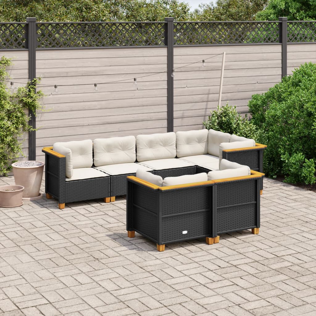 vidaXL 7-tlg. Garten-Sofagarnitur mit Kissen Schwarz Poly Rattan