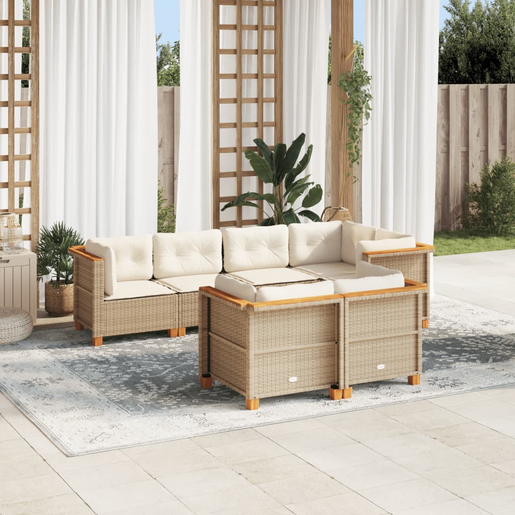 vidaXL 7-tlg. Garten-Sofagarnitur mit Kissen Beige Poly Rattan