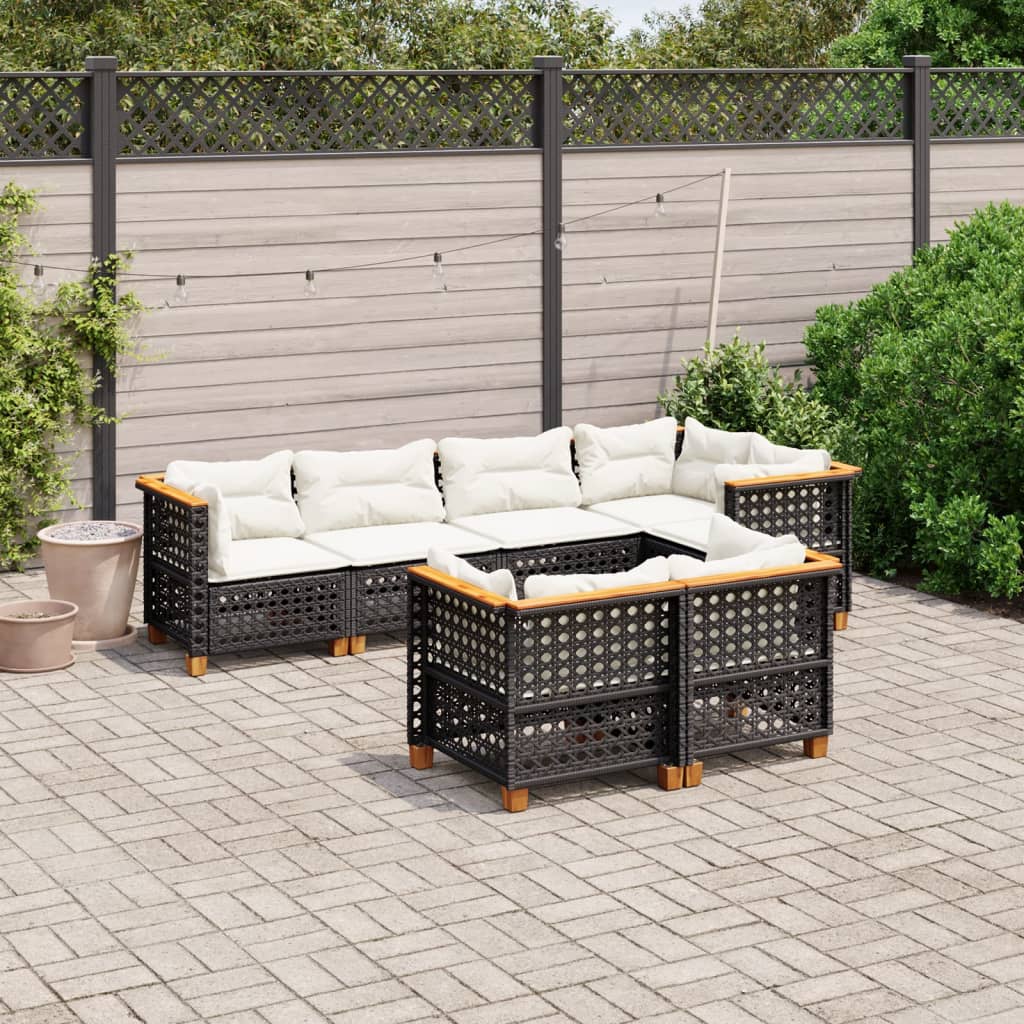 vidaXL 7-tlg. Garten-Sofagarnitur mit Kissen Schwarz Poly Rattan