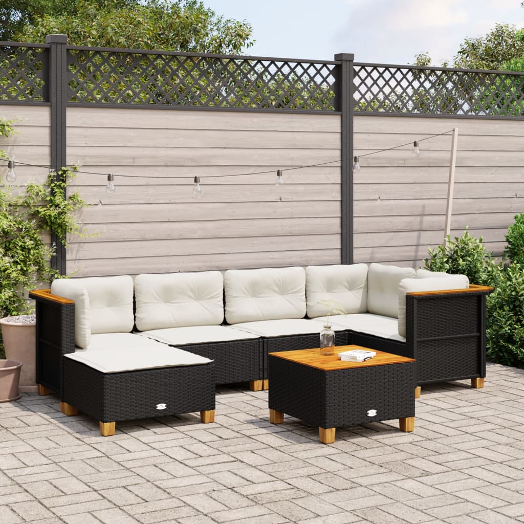 vidaXL 7-tlg. Garten-Sofagarnitur mit Kissen Schwarz Poly Rattan